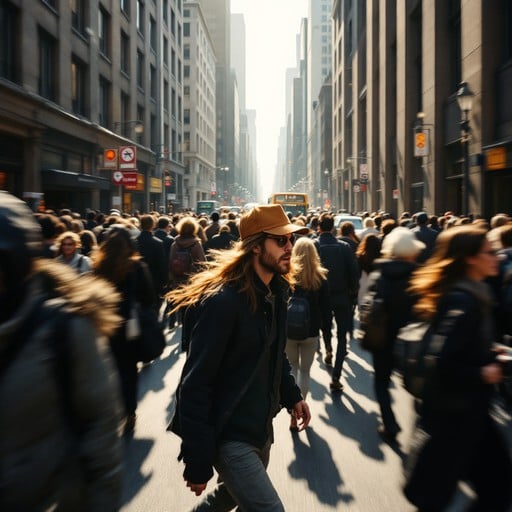 Candid photo of people walking through city streets