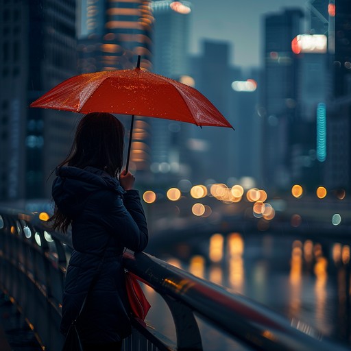 Figure with umbrella in city rain