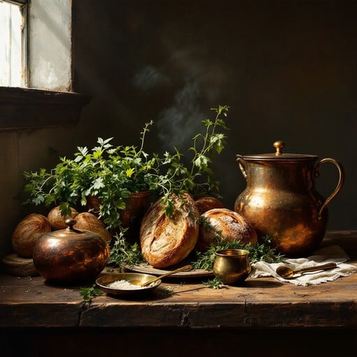 Table with bread and herbs